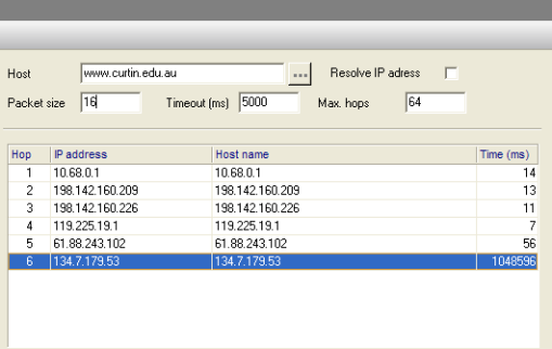 Traceroute  to Curtin using A Tool bar
